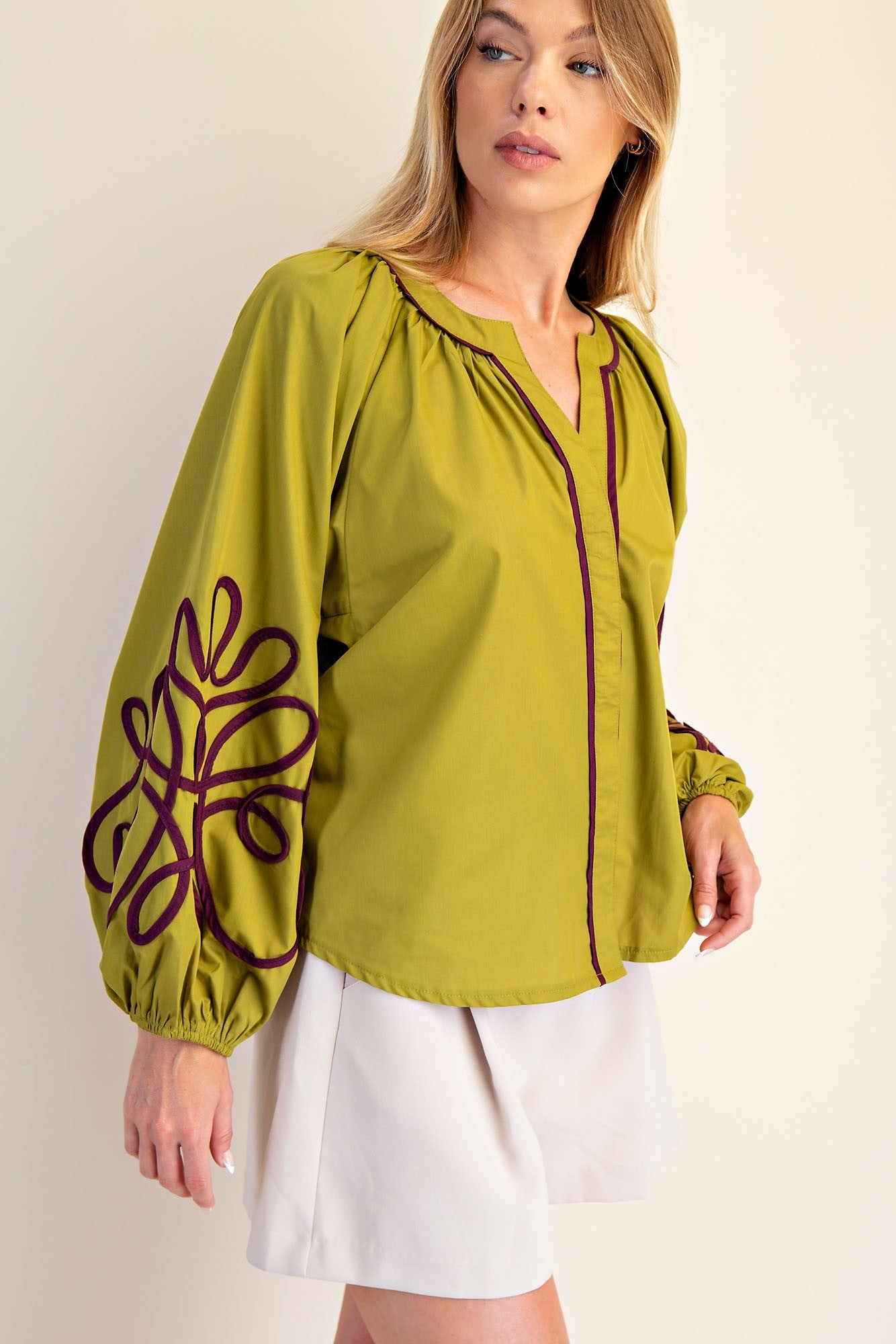 Veronica Soutache Detail Blouse: light green, maroon soutache on balloon sleeves. Available in XS–XL.