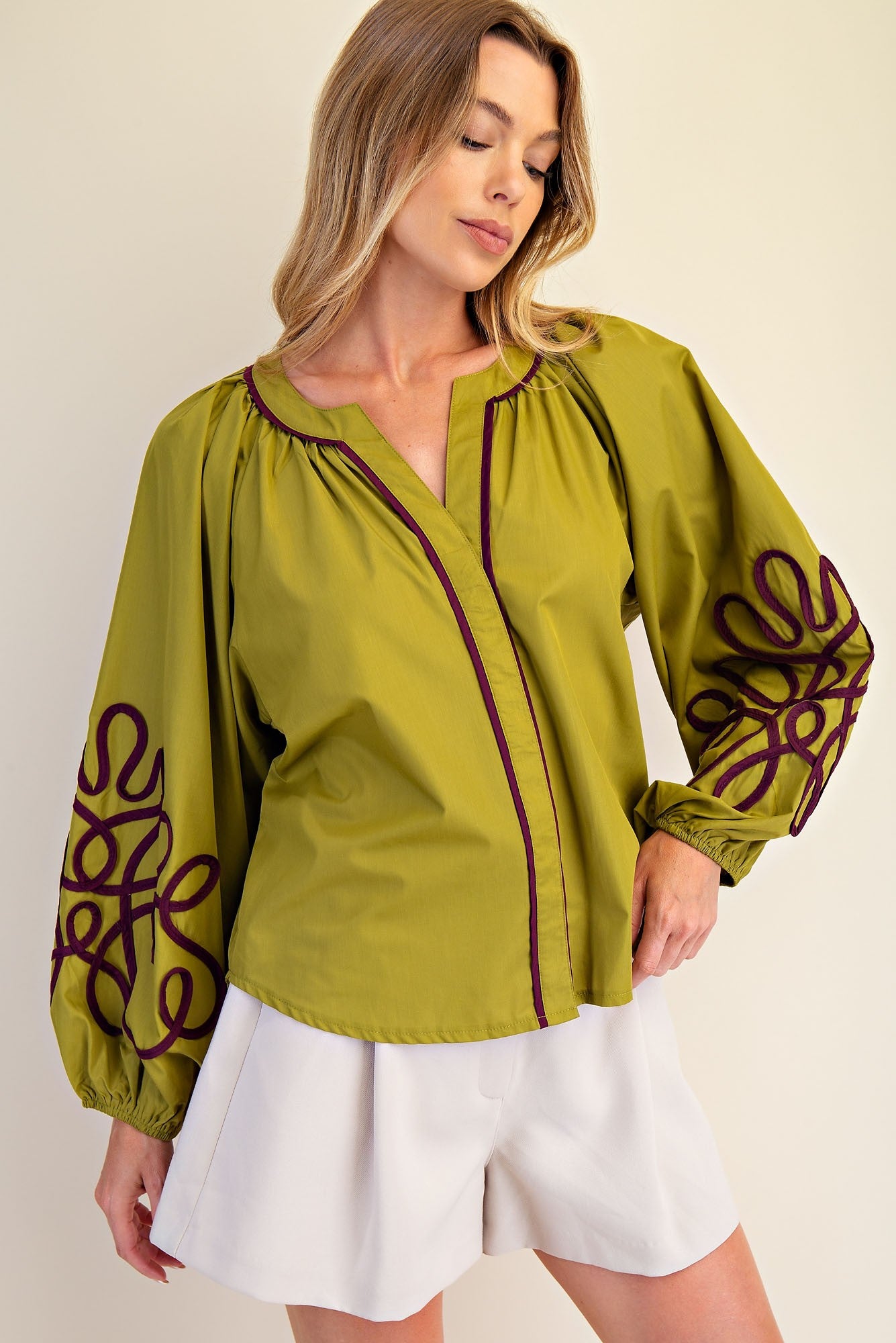 Veronica Soutache Detail Blouse: olive green, maroon embroidery, balloon sleeves. Available in sizes XS–XL.