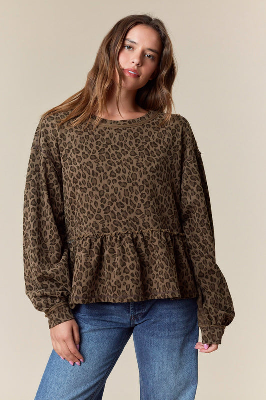 Leopard Print Terry Ruffle Hem Sweatshirt