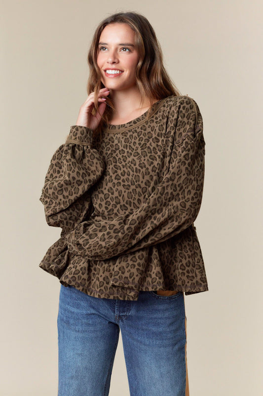 Leopard Print Terry Ruffle Hem Sweatshirt