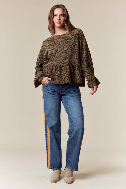 Leopard Print Terry Ruffle Hem Sweatshirt