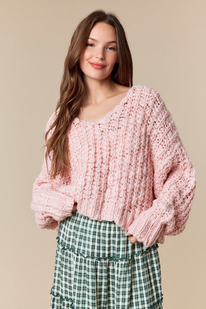 Pink Popcorn Yarn Cropped Sweater