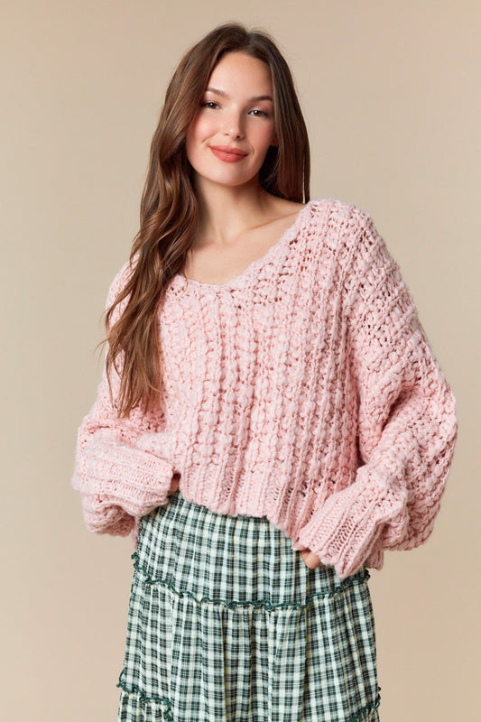 Pink Popcorn Yarn Cropped Sweater
