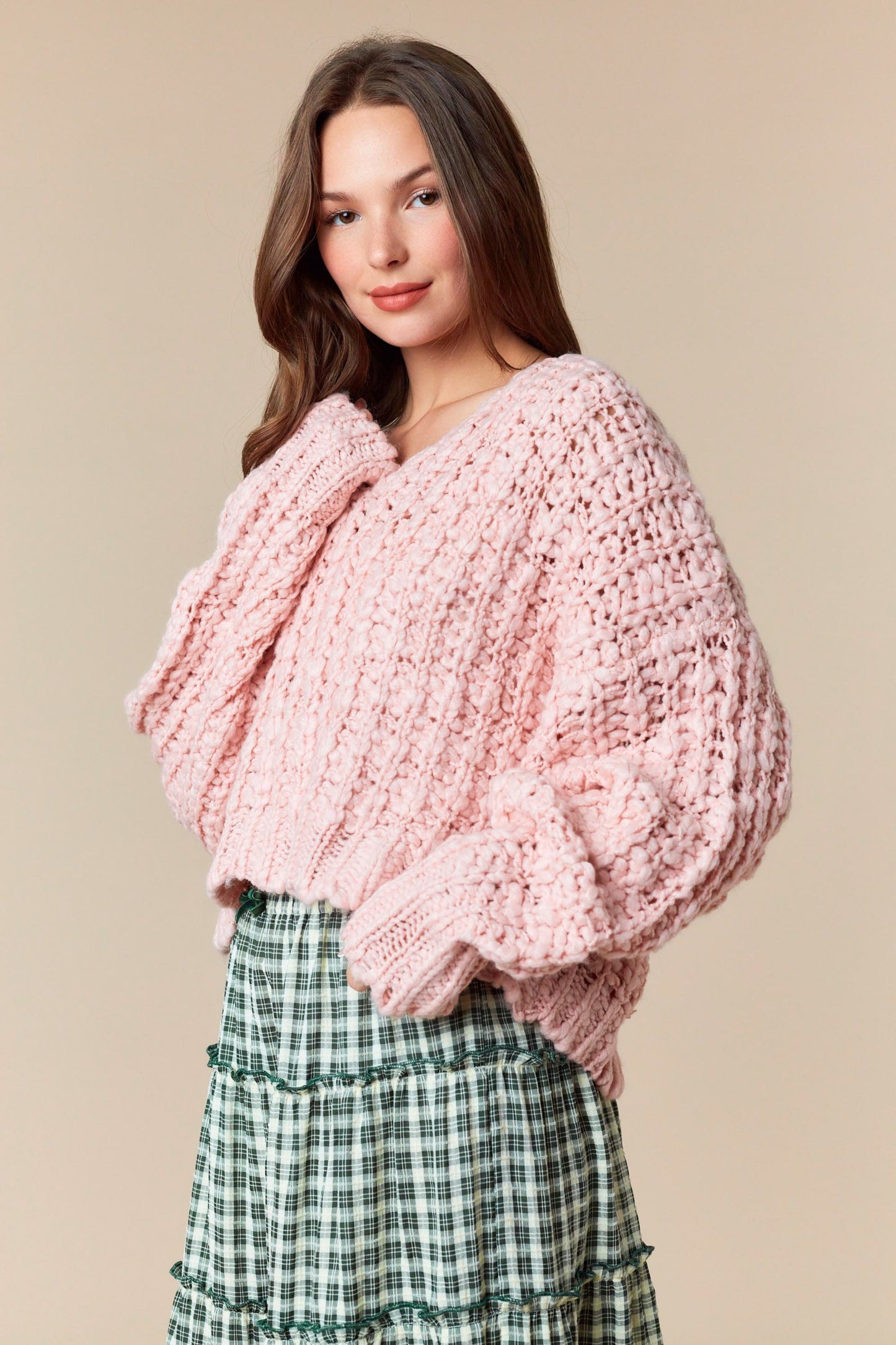 Pink Popcorn Yarn Cropped Sweater