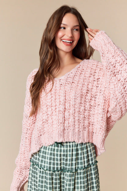 Pink Popcorn Yarn Cropped Sweater