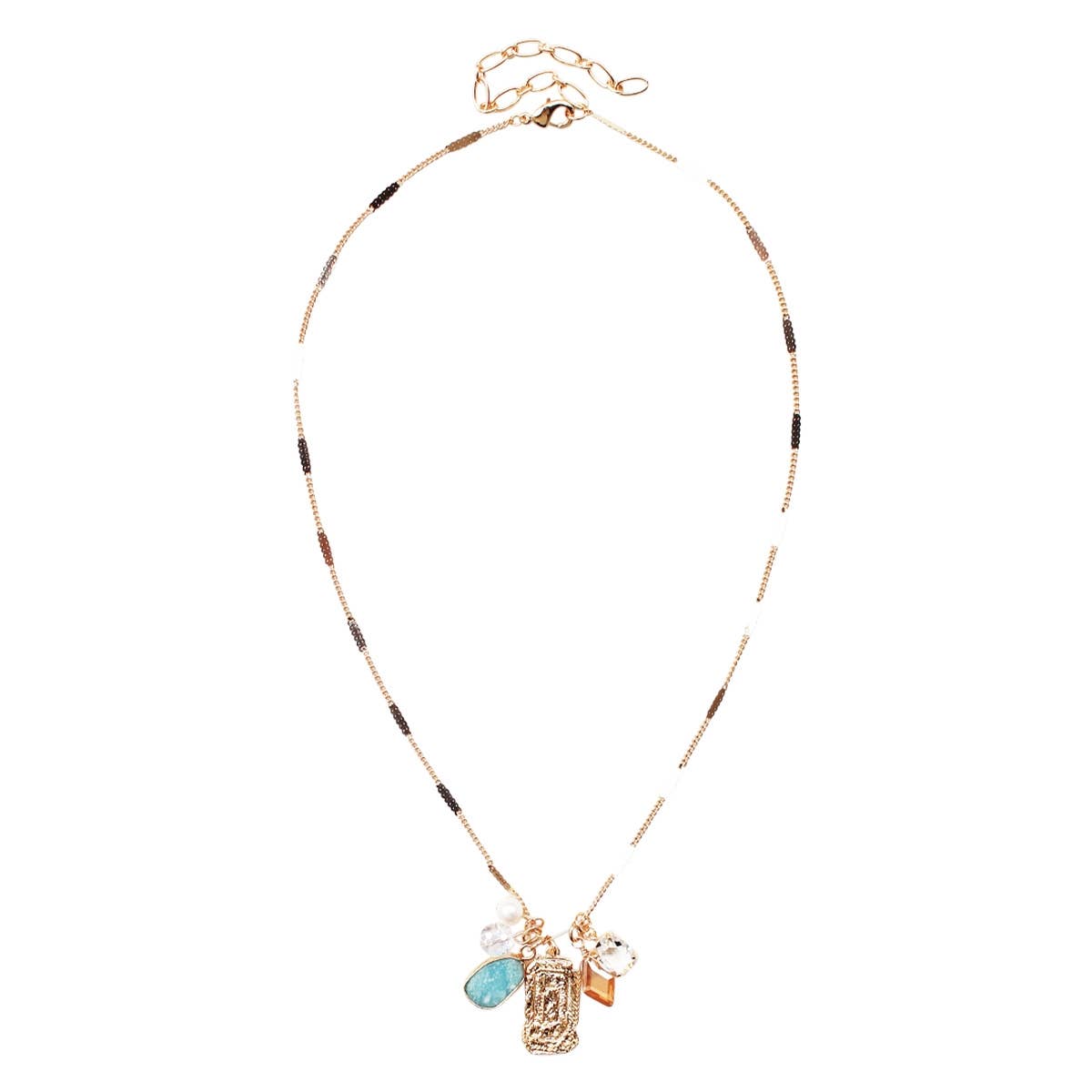 Gold Leah Necklace: delicate layered chain with black beads, 4 pendants. Adjustable length. Available in S, M, L sizes.