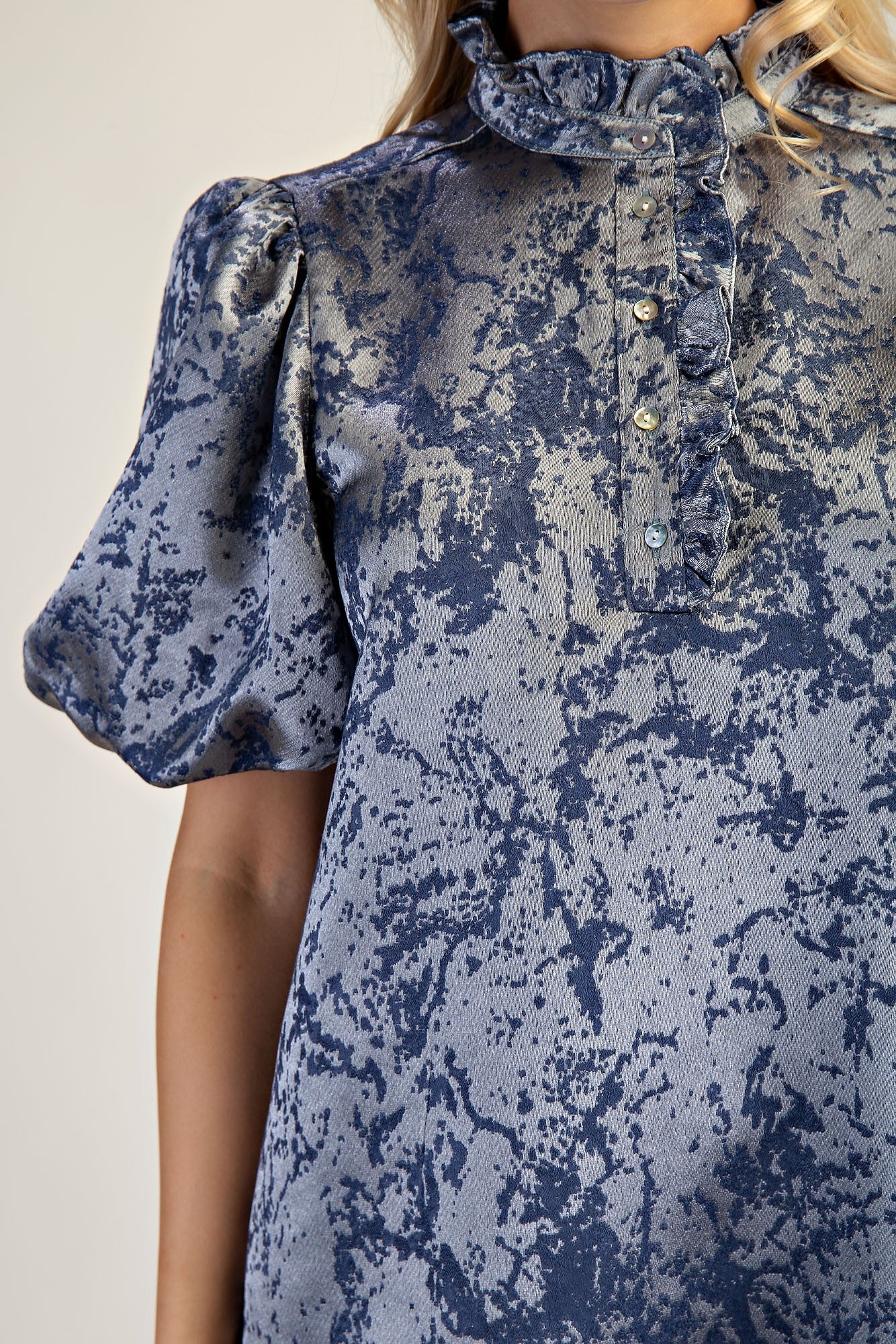 Slate Ruffle Neck Puff Sleeve Dress