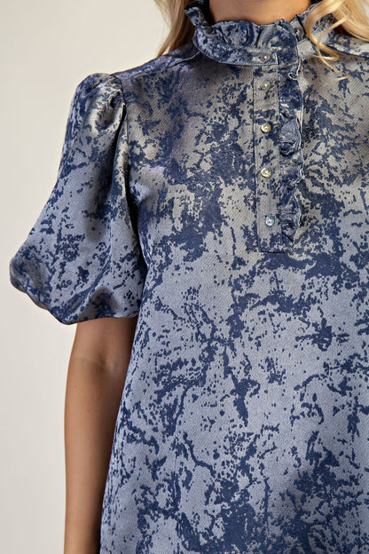 Slate Ruffle Neck Puff Sleeve Dress