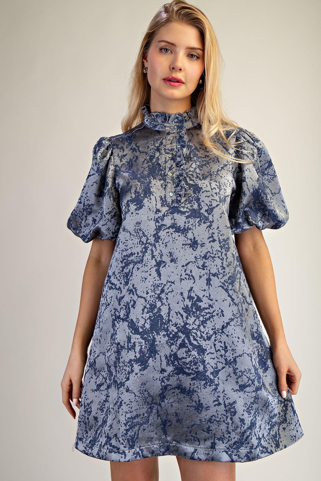 Slate Ruffle Neck Puff Sleeve Dress