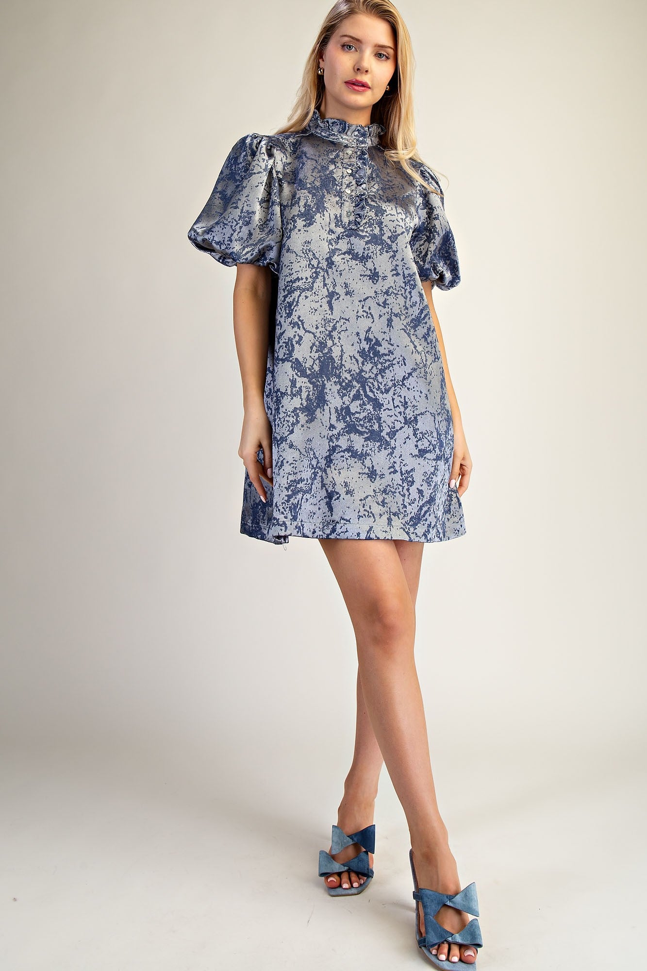Slate Ruffle Neck Puff Sleeve Dress
