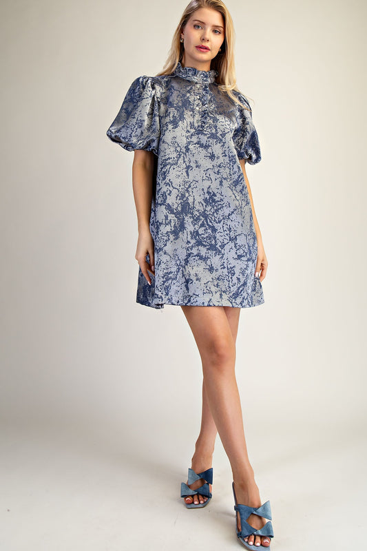 Slate Ruffle Neck Puff Sleeve Dress