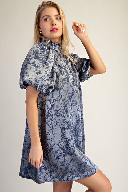 Slate Ruffle Neck Puff Sleeve Dress
