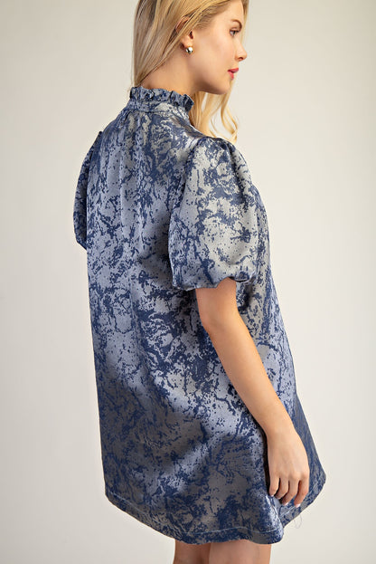 Slate Ruffle Neck Puff Sleeve Dress