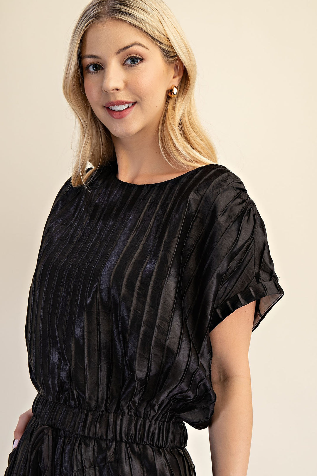 Pitch Flowy Cropped Blouse: shimmery black, short-sleeve, pleated evening top. Available in XS-XL.