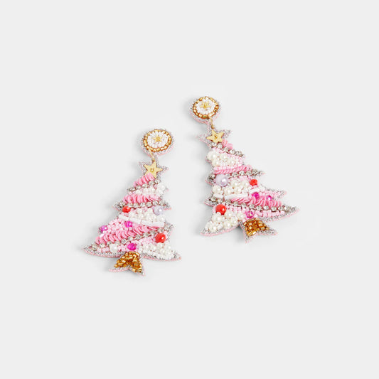 Pink Christmas Tree Beaded Earrings