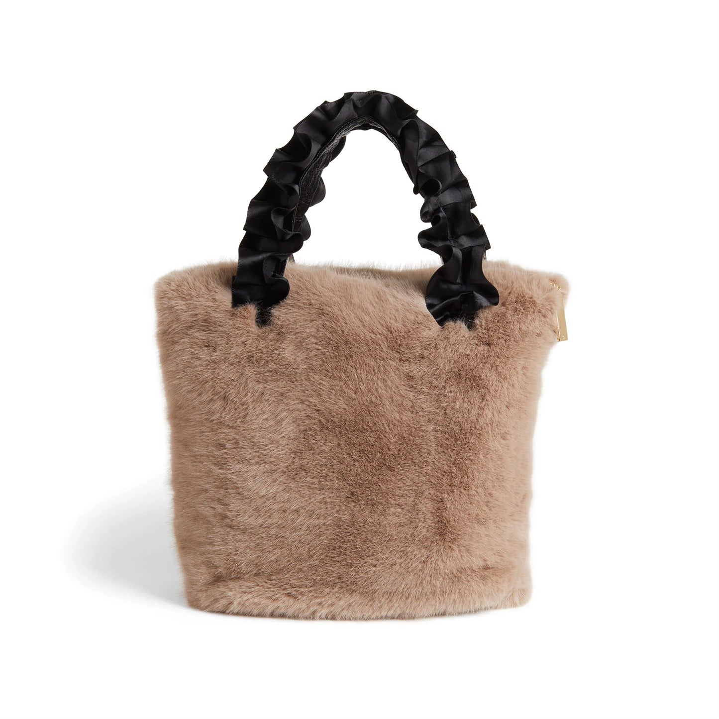 The Larsa Faux Fur Wristlet features a beige, fur-textured faux mink exterior with black satin pleated handles. Available sizes: One Size.