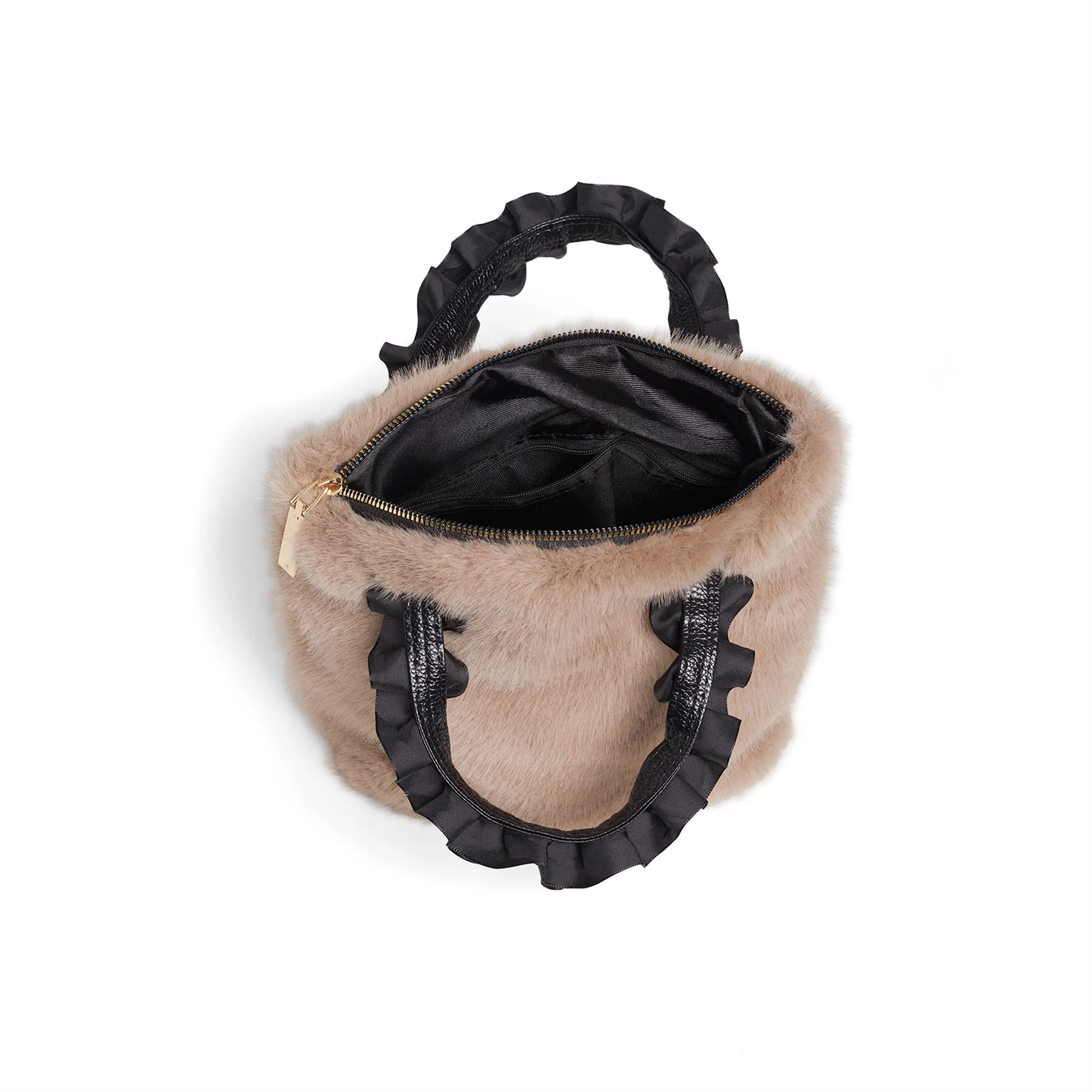 The Larsa Faux Fur Wristlet is a small, beige faux mink bag with satin pleated handles. It has a black interior lining and includes a zippered compartment. Ideal for holiday party essentials. Available in one size.