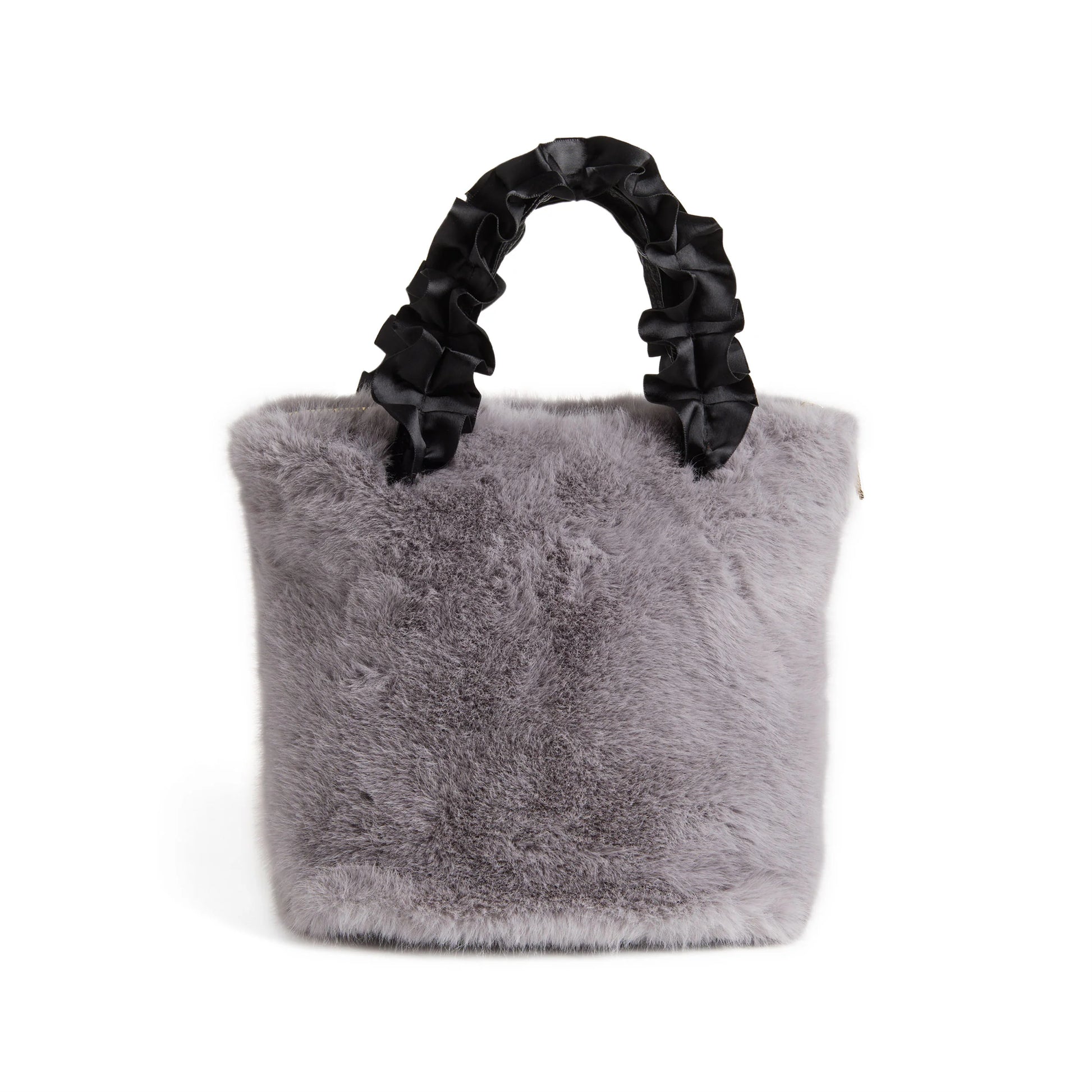 The Larsa Faux Fur Wristlet is a gray faux mink bag with a soft, fluffy texture. It features black satin pleated handles for an elegant touch. Simple and chic design, highlighting plush material and unique handle detailing—ideal for holiday party essentials. Sizes available: One size.