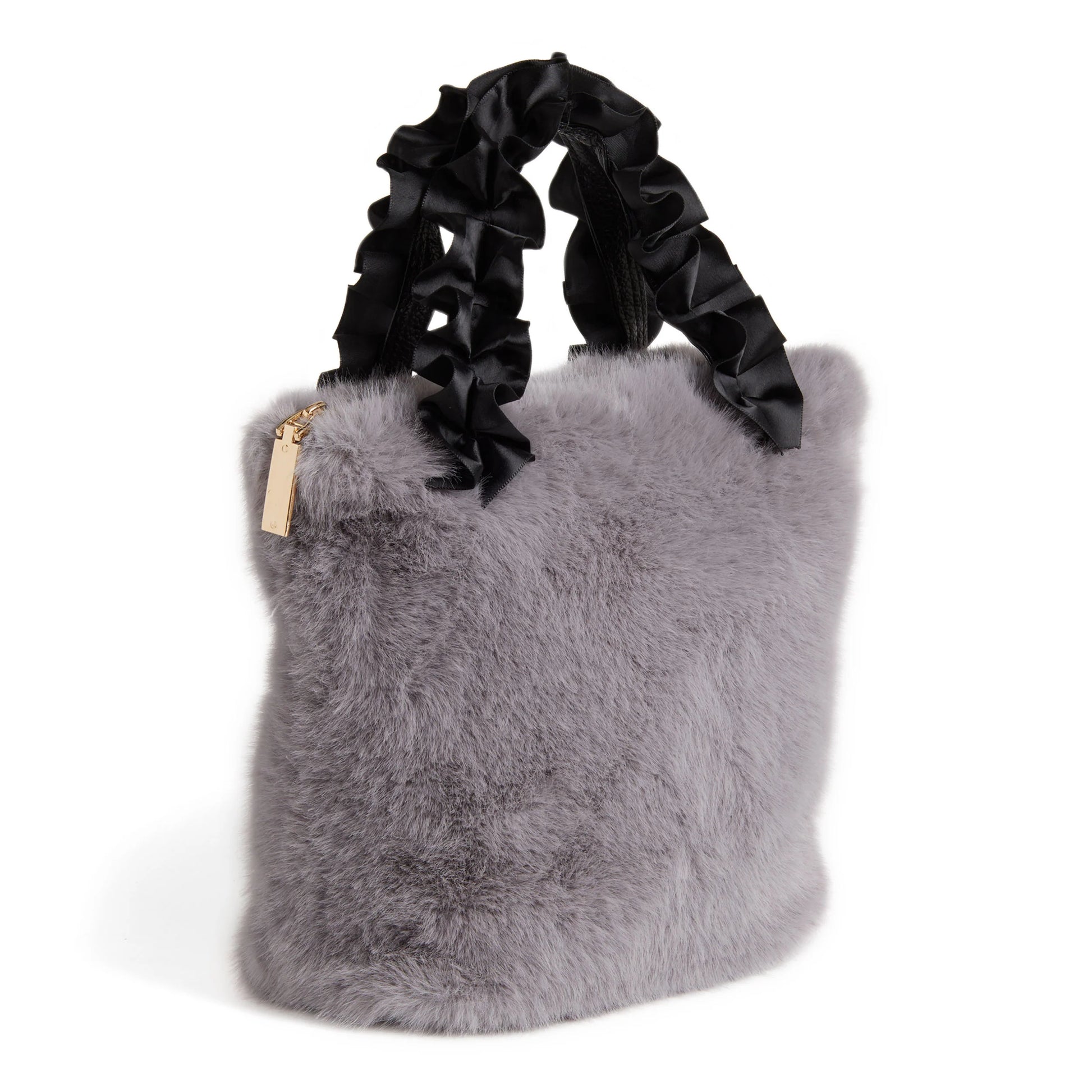 Larsa Faux Fur Wristlet: Fluffy grey exterior, black satin pleated handles, small gold tag. Available sizes: One Size.