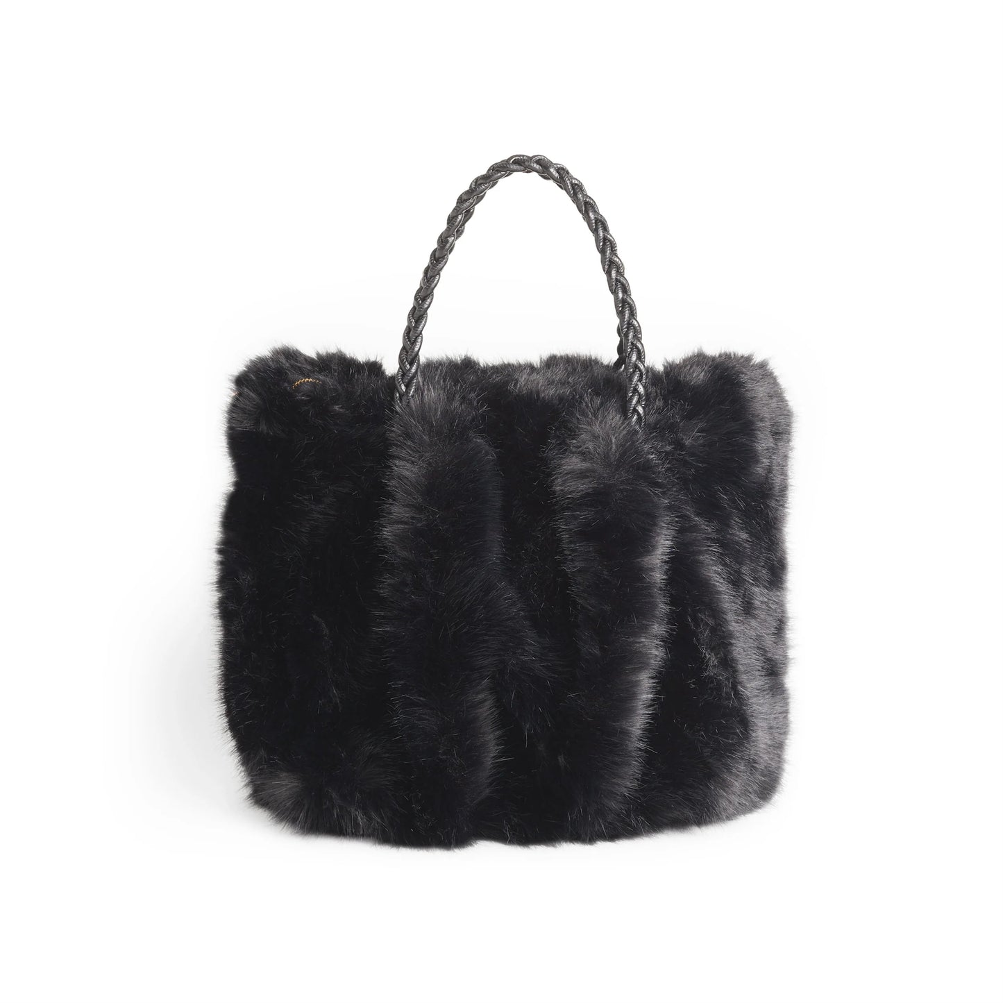 The Priscilla Faux Fur Tote: stylish black bag with soft, fluffy exterior, sturdy braided handles, chic rectangular shape. Sizes available: Small and Large.