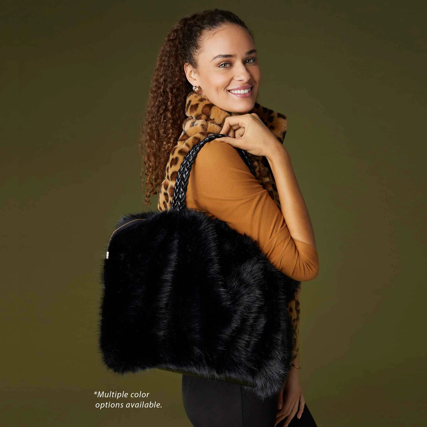 Large black Priscilla Faux Fur Tote. Available sizes: One size. Multiple color options available.