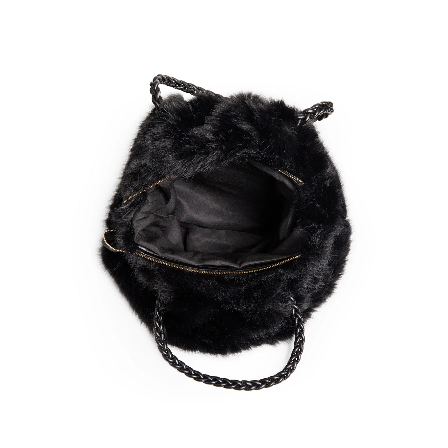 **Priscilla Faux Fur Tote**

- Color: Black
- Design: Oversized, fuzzy texture
- Features: Top zipper, black fabric lining, braided handles
- Exterior: Luxe faux fur

**Sizes Available:** One Size