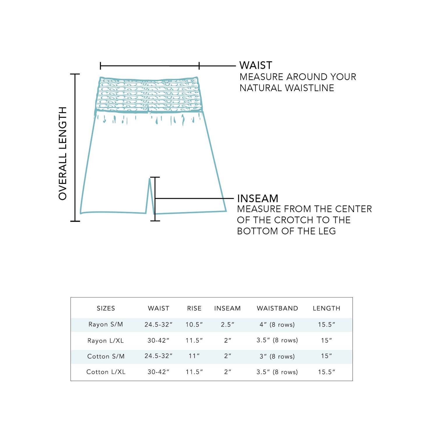 Diagram of White Cotton Shorts sizing (S/M); table lists waist, rise, inseam, waistband width, length; S/M sizes only.