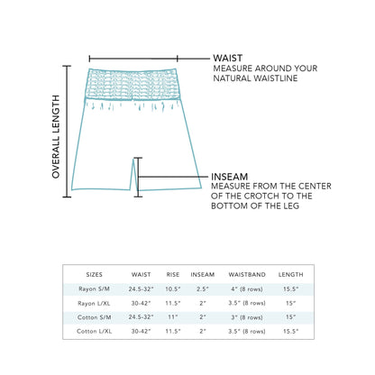 Diagram of White Cotton Shorts sizing (S/M); table lists waist, rise, inseam, waistband width, length; S/M sizes only.