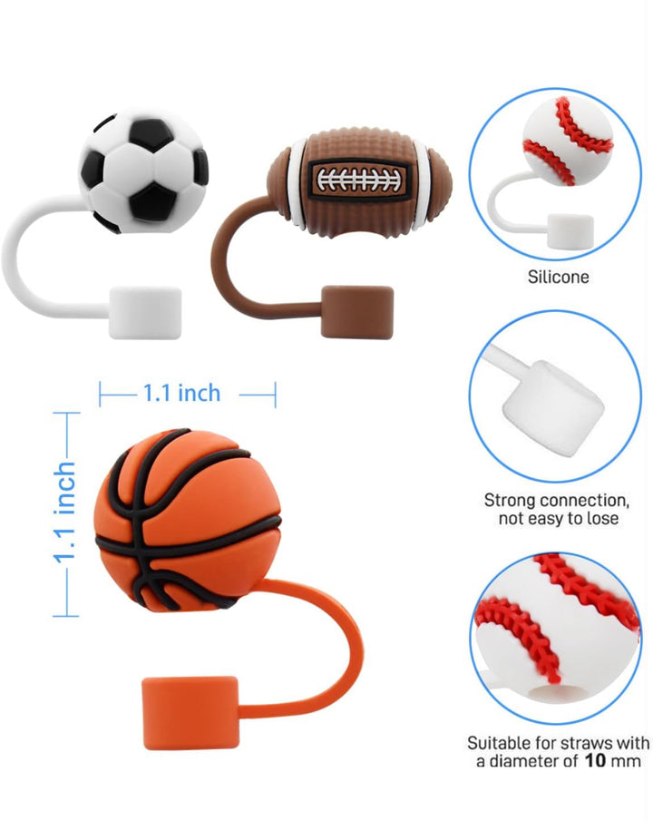 Set of 4 silicone straw caps shaped like soccer ball, football, baseball, basketball; 1.1" size; leak-proof.