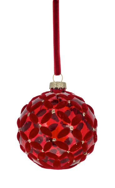 Flocked Basket Weave Ornament, red glass with textured basket weave and gold studs, on a red ribbon.