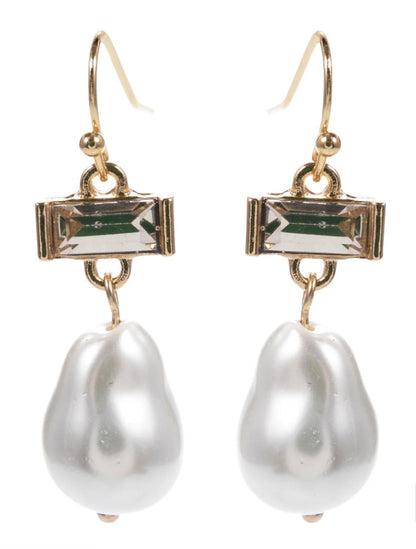 Pearl Drop Earrings feature large, irregular white pearls on gold hooks with rectangular clear gemstones at the top. Available in small, medium, and large sizes.