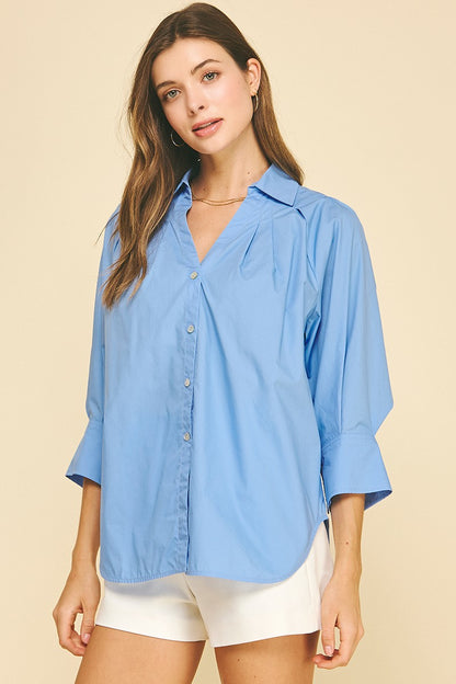 French Blue V-Neck Collar Wide Cuff Shirt, available in sizes XS-XL. Features wide cuffs and v-neck collar.