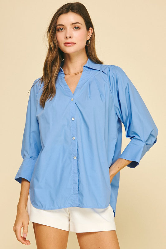 French Blue V-Neck Collar Wide Cuff Shirt. Available in sizes XS-XL.