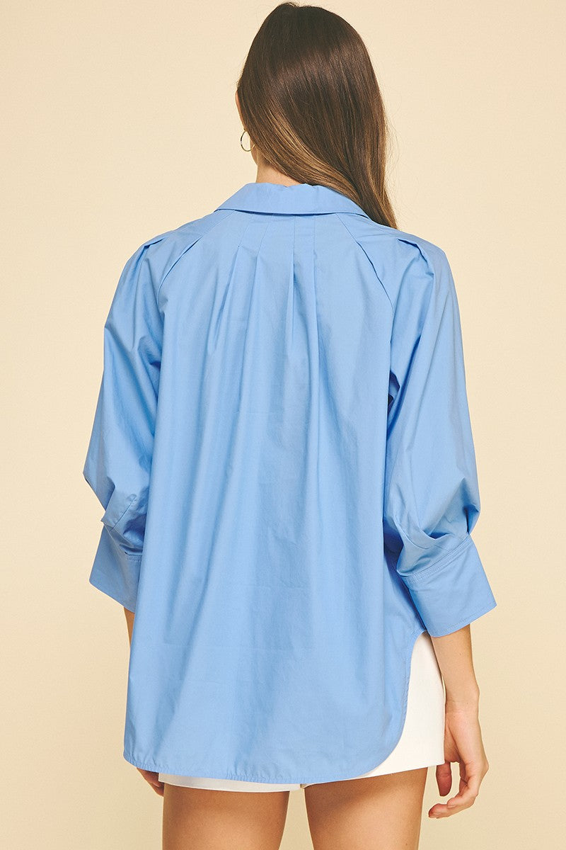 French Blue V-Neck Collar Wide Cuff Shirt, 100% cotton. Available in sizes XS-XL.