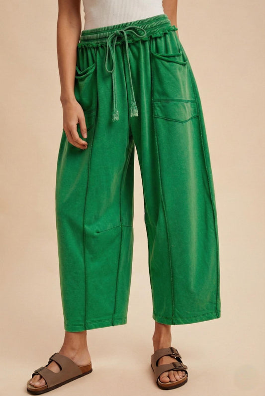 Kelly Green Mineral Wash Barrel Knit Pants