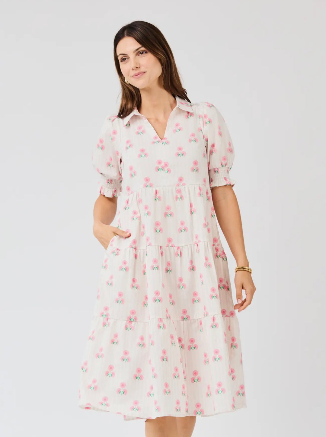 Molly Sweetbriar Dress: light pink midi, smocked sleeves, tiered skirt, small pink florals. Available in sizes XS–XL.