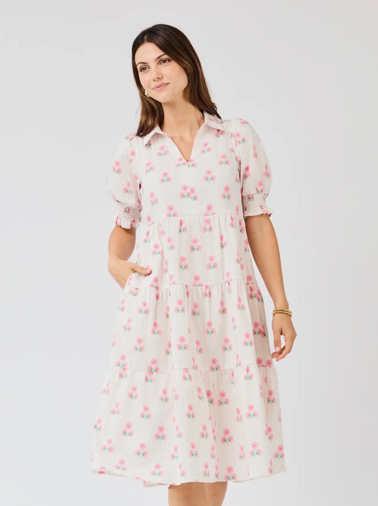Molly Sweetbriar Dress: light pink midi, smocked sleeves, tiered skirt, small pink florals. Available in sizes XS–XL.