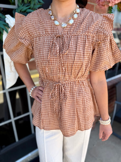 Brown and cream Gingham Tie Blouse with flutter sleeves, available in sizes XS–XL.