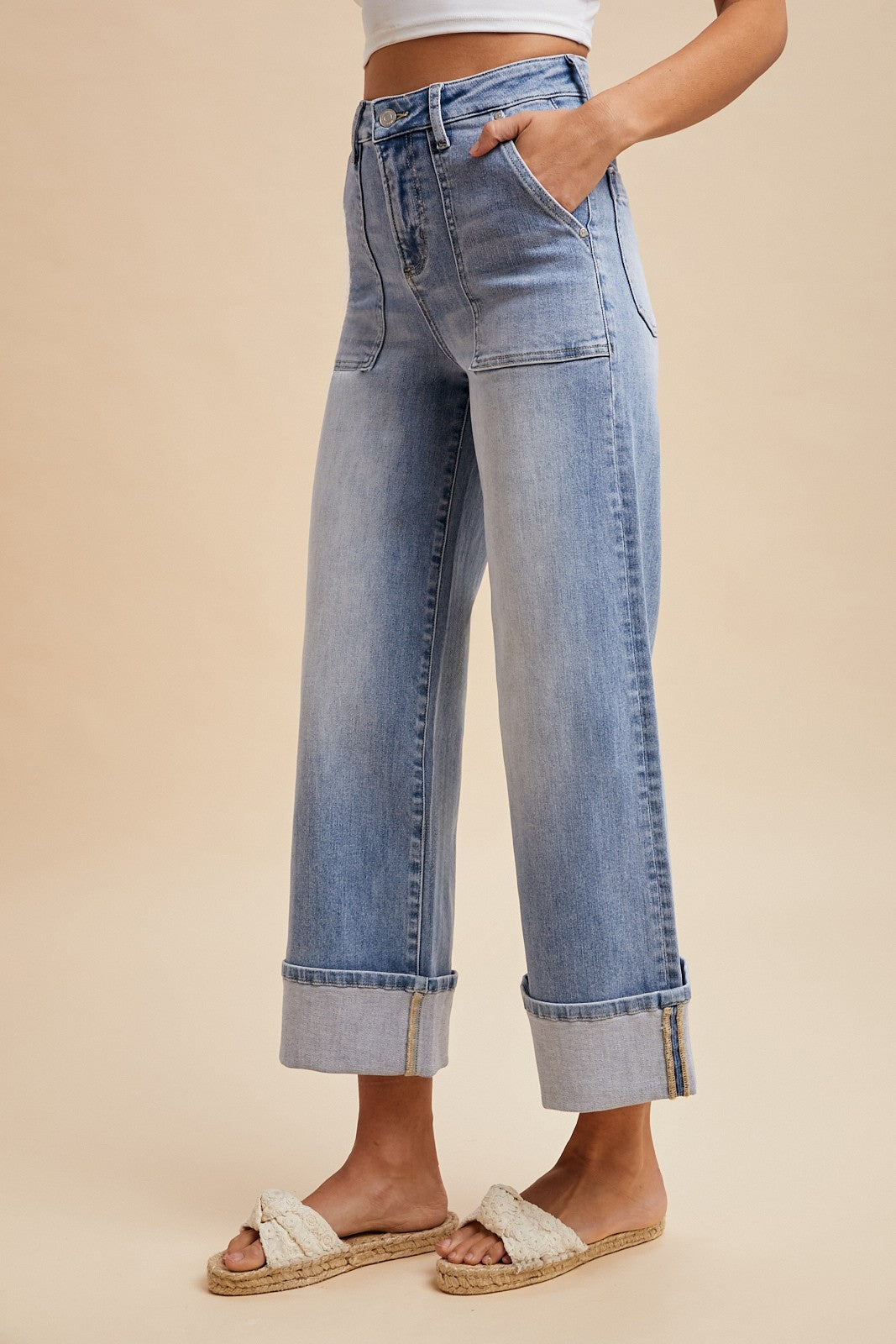 Comfort Stretch Wide Leg Cuff Jeans in light blue. Available in sizes 24–32.