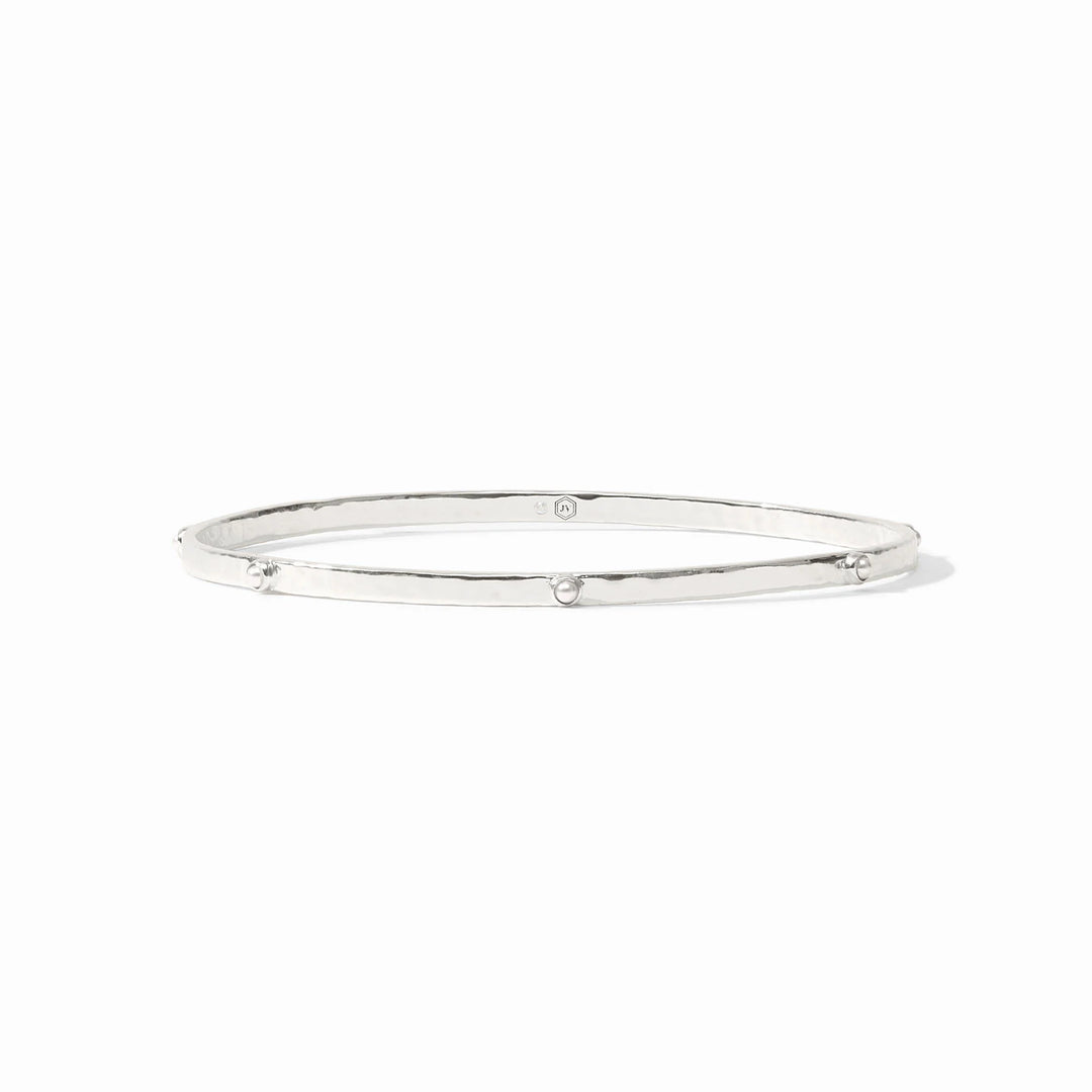 Thin, pure silver Crescent Stone Bangle with slight irregularity and small stud accents. Available in S, M, L sizes.