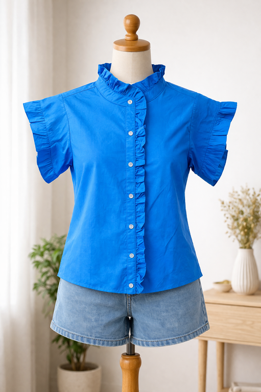 Royal Blue Ruffled Detail Woven Top. Available in sizes S, M, L, XL.