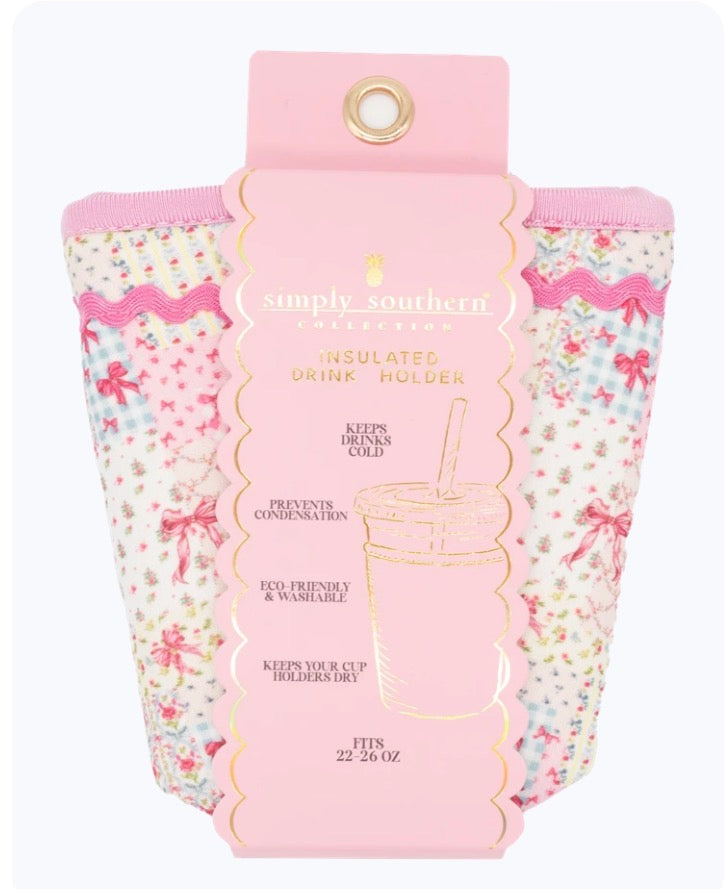 Pink Quilted Ribbon Insulated Drink Holder with pastel floral pattern and pink scalloped tag reading “simply southern insulated drink holder.” Reusable, eco-friendly, washable, prevents condensation. Available in multiple sizes.