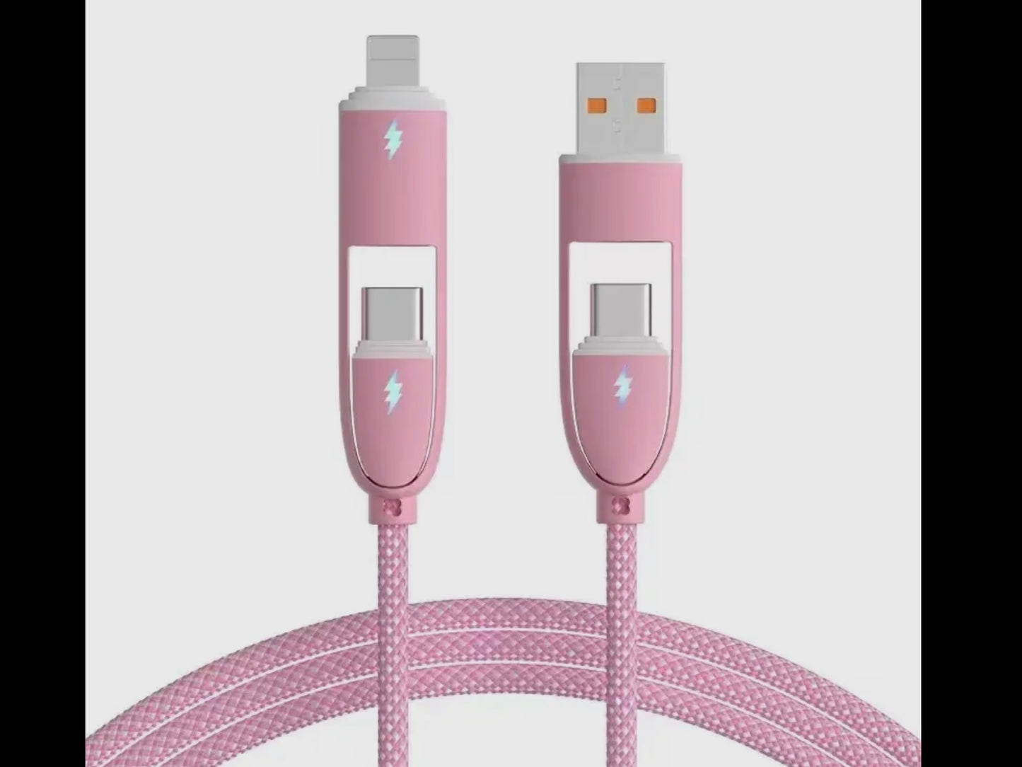 Pink braided 4-In-1 cable, 3ft length, with two pink connectors and interchangeable USB, USB-C, Lightning plug tips.