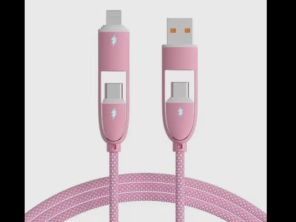 Pink braided 4-In-1 cable, 3ft length, with two pink connectors and interchangeable USB, USB-C, Lightning plug tips.
