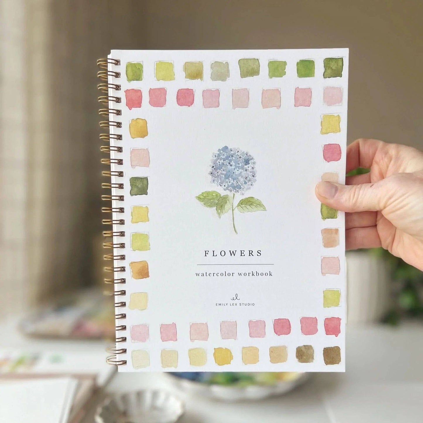 Flowers Watercolor Workbook: spiral-bound, blue hydrangea cover, includes beginner tips. Sizes available: standard workbook size.