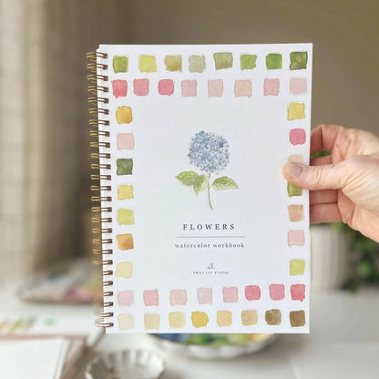 Flowers Watercolor Workbook: spiral-bound, blue hydrangea cover, includes beginner tips. Sizes available: standard workbook size.