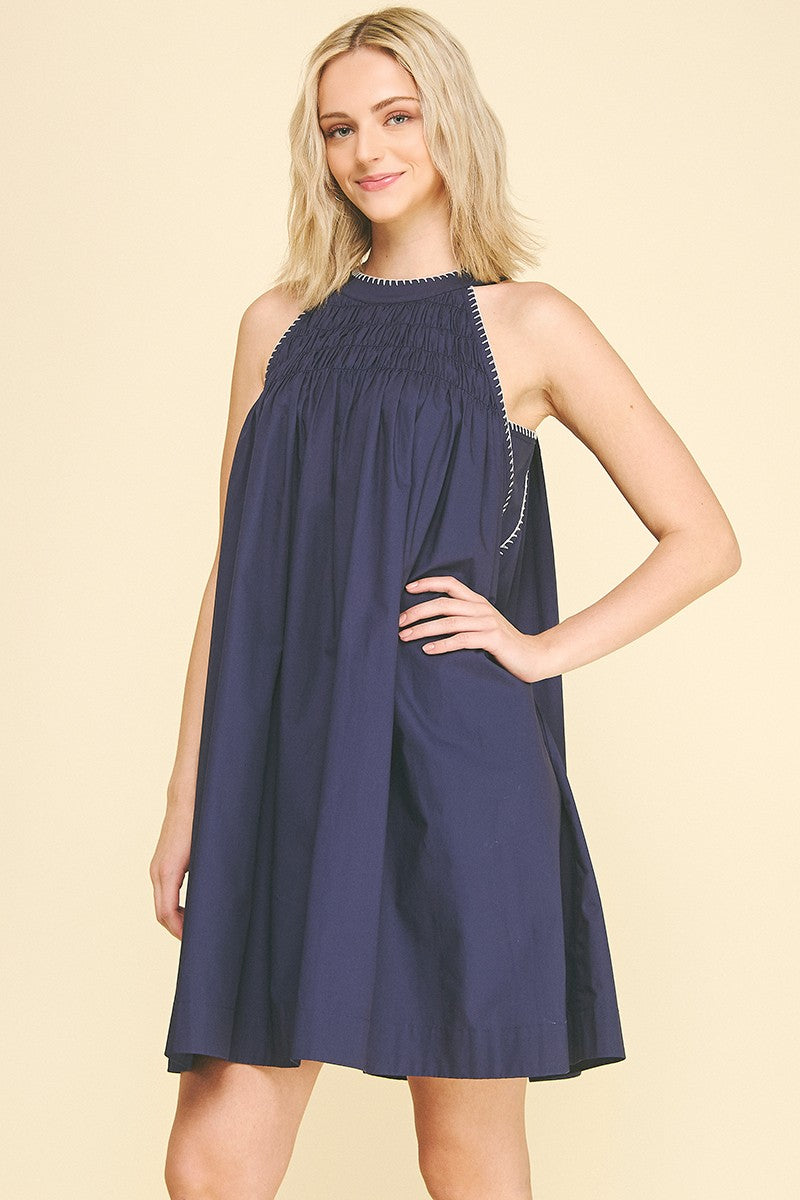 Navy Halter Neck A-line Dress with sleeveless design and gathered neckline. Available in sizes XS-XL.
