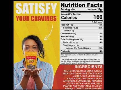 Chocolate Pecans, premium chocolate-coated Southern pecans, 3.5oz bag. "SATISFY YOUR CRAVINGS" with nutrition facts shown.