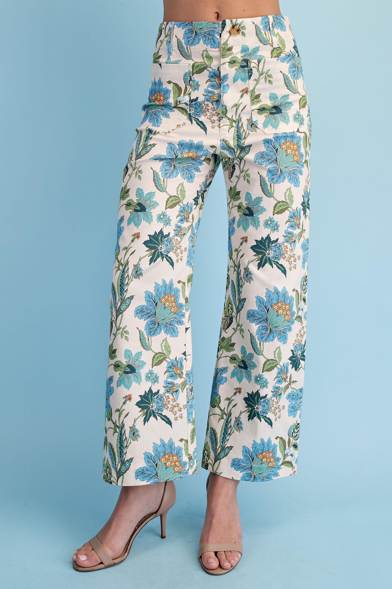 Blue Floral Ankle Cropped Pants with wide-leg fit. Available in sizes XS-XL.