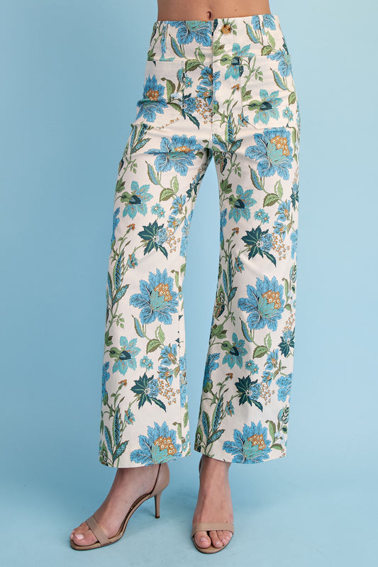 Blue Floral Ankle Cropped Pants with wide-leg fit. Available in sizes XS-XL.